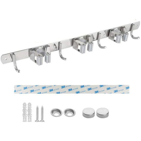Porte Balai Mural, Acier Inoxydable, Porte Balai Adhésif avec Crochet, Armoire à Balai Multifonctionnelle pour Cuisine, Jardin, Salle de Bains, Garage, Balcon, Bureau-Crezuo