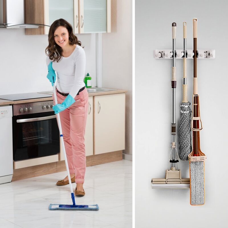 Porte Balai Mural avec 5 Emplacements et 6 Crochets Support Mural pour Balais, Vis Incluses, 40,5x6x8,2cm, Blanc CW3960 design in