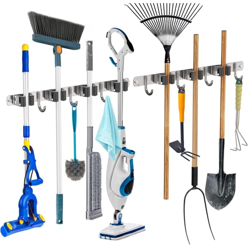 Porte Balai Mural en Acier Inoxydable, 2Pièces Support Mural Balai Acier Inoxydable, Accroche Balai Mural avec 7 Emplacements et 7 Crochets Cintre de