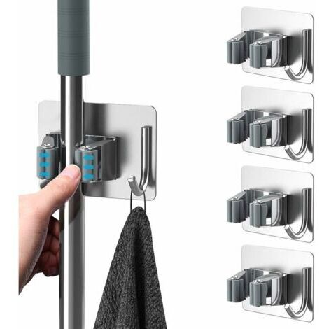 Porte Balai Mural en Acier Inoxydable,   5 Pièces Porte Balai, Accroche Balai Mural sans Perçage, Mop Support Adhésif avec Crochets , Gris