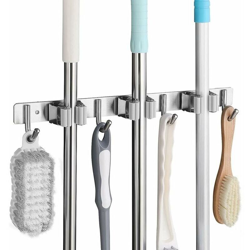Start - Porte Balai Mural en Acier Inoxydable, Accroche Balai Mural avec 3 Emplacements et 4 Crochets pour Cuisine, Salle de Bain, Garage et Jardin,