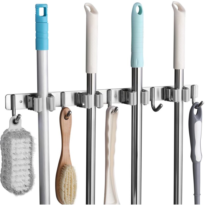 Porte Balai Mural en Acier Inoxydable Accroche Balai Mural avec 4 Emplacements et 5 Crochets pour Cuisine, Salle de Bain, Garage et Jardin, Gris