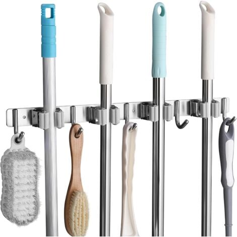 Porte Balai Mural en Acier Inoxydable Accroche Crochet de rangement Balai Mural avec 4 Emplacements et 5 Crochets pour Cuisine, Salle de Bain, Garage et Jardin, Gris