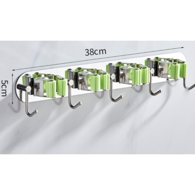 Porte Balai Mural, en Acier inoxydable, Support de Balai avec 4 Clips et 5 Crochets,Support de Rangement Mural Organisateur pour Cuisine Jardin