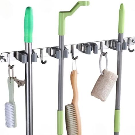 Porte Balai Mural - Heureux d\'acheter - Acier Inoxydable - 4 Clips - 5 Crochets - Rangement Cuisine