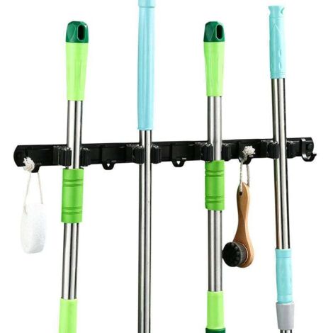 Porte Balai Mural Multifonctions,Support Cintre de Rangement avec 5 Emplacements et 6 Crochets pour Votre Cuisine,Garage,Buanderie -Tourne VIS Offert