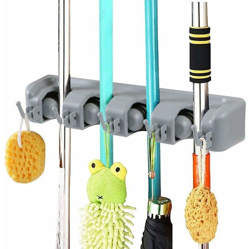 Lucky-88 - Porte Balai Mural Multifonctions,Support Cintre de Rangement pour Votre Cuisine(4 Emplacements et 5 Crochets),Garage,Buanderie