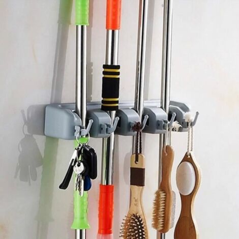 Porte Balai Mural Multifonctions,Support Cintre De Rangement Pour Votre Cuisine,Garage,Buanderie (4 Emplacements Et 5 Crochets)