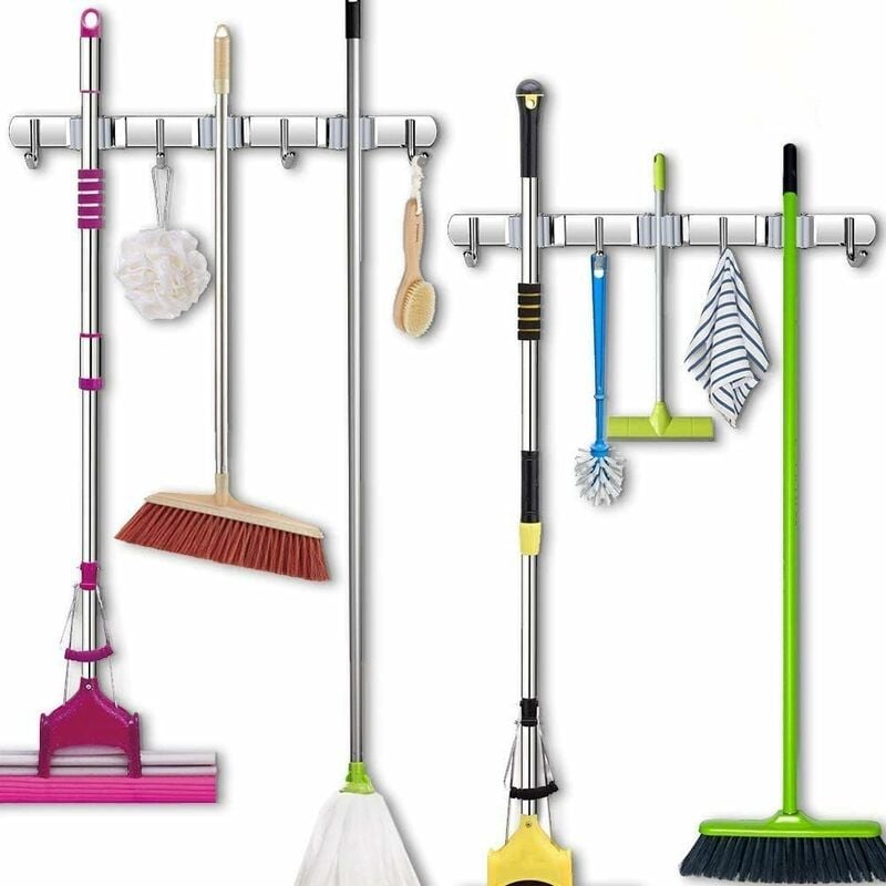 Fei Yu - Porte Balai Mural Mur Mop Monté Et Broom Holder, Broom Organiseur Balai Support en Acier Inoxydable à 3 Pinces et 4 Crochets Balai Gris Pour