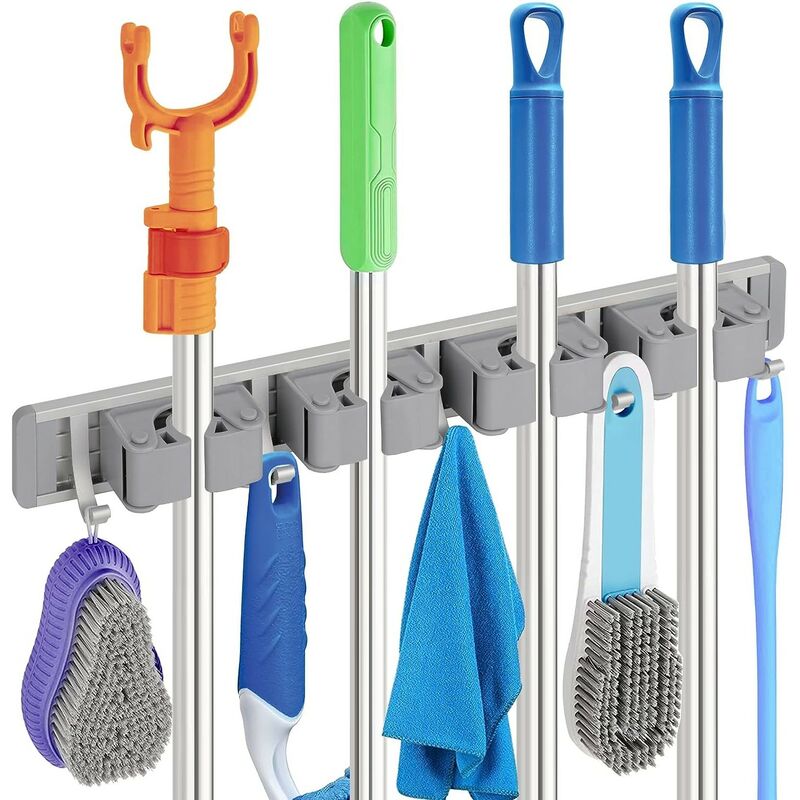 Kinsi - Porte Balai Mural, Support mural en acier inoxydable avec 4 clips et 5 crochets