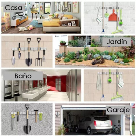 Porte-Balai Porte-Serpillère 304 Stainless Steel avec 3 Étagères et 4 Crochets Multifonctionnel Fixation Sans Percer pour Rangement Lavage Garage