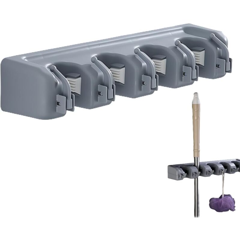 Porte Balais Mural avec Percage Support Accroche Balai Mural avec 4 Emplacements et 5 Crochets Solutions de Rangement Organisateur pour Salle de Bain