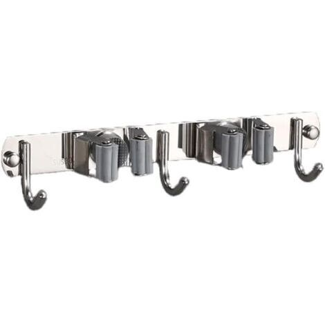 Porte-balais mural en acier inoxydable avec 2 supports et 3 crochets, organiseur mural pour balais et serpillières, pour cuisine, salle de bain, jardin, garage