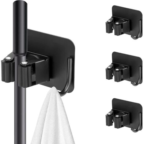 porte  Balais Mural Lot De 4(noir Accroche Balai Mural Sans Perage Auto-adhsif Porte Vadrouille Avec Crochets Rangement Cuisine Gain De Place Pour