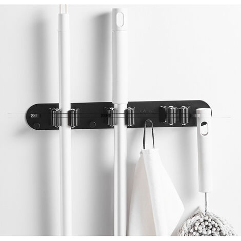 Porte-Balais Range Balai Mural avec 3 Emplacements et 4 Crochets (Vis inclus) Rangement Balai pour Cuisine Salle de bain Garage Jardin Crochet pour Balai Support Balai (Noir)