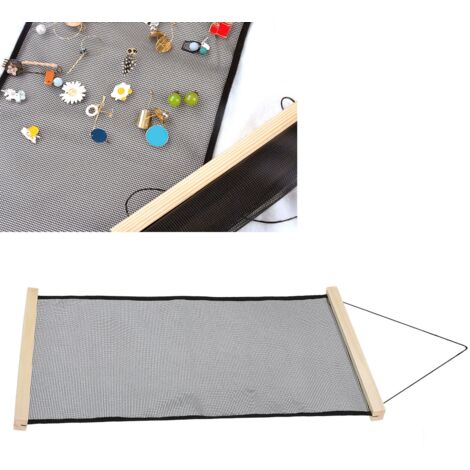 Porte-bijoux mural avec tissu mesh - Support pour boucles d'oreilles, colliers et bracelets - Bois de pin 59x30cm - Organisateur de dressing