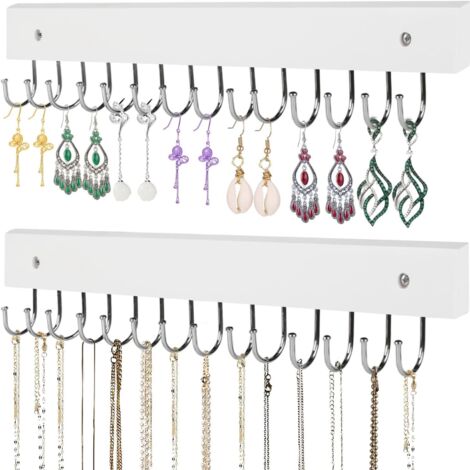 Porte-bijoux Murale - Support Bois avec 28 Crochets pour Colliers Bracelets Boucles d Oreilles Anneaux - Organisation Verticale Espace Economique - Lot de 2