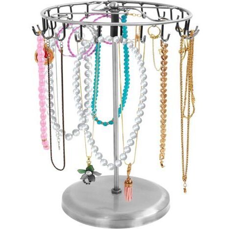 Porte Bijoux Rotatif en Métal Argenté 23 Crochets - 20 x 34 cm - Porte Collier Bracelets Bagues et Boucles d’Oreilles