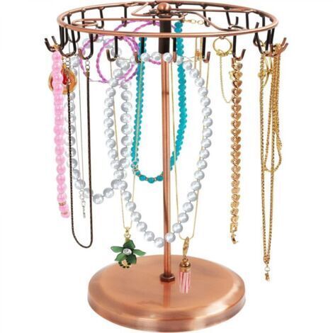 Porte Bijoux Rotatif en Métal Cuivré 23 Crochets - 20 x 34 cm - Porte Collier Bracelets Bagues et Boucles d’Oreilles