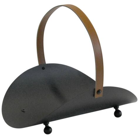 Porte-bois acier noir avec poignée en cuir synthétique marron h.43 l, 50x36 cm.  Made in Italy
