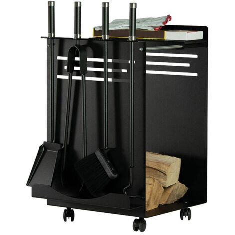 Porte-bois avec roues acier noir 45x38 h.70 cm. avec 4 accessoires. Made in Italy