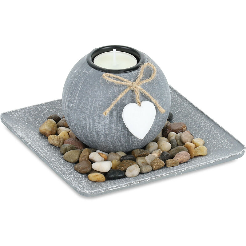 Relaxdays - Porte-bougie avec plateau et pierres déco, 15,5 x 15,5 cm, décoration de table, salle à manger, bougeoir, gris