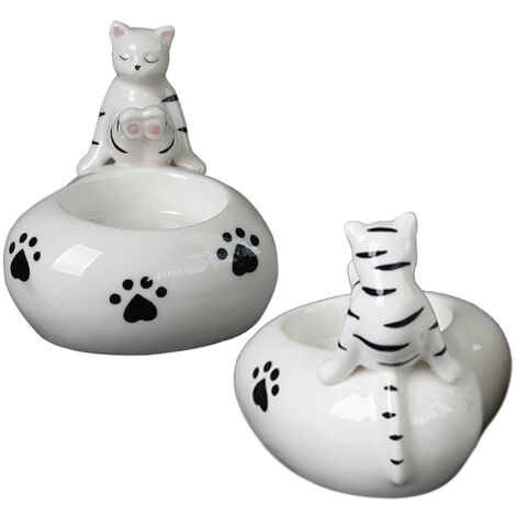 Porte-bougie céramique création — Holder duo festif chat, emballage double kraft 5 couches + bulles (blanc)