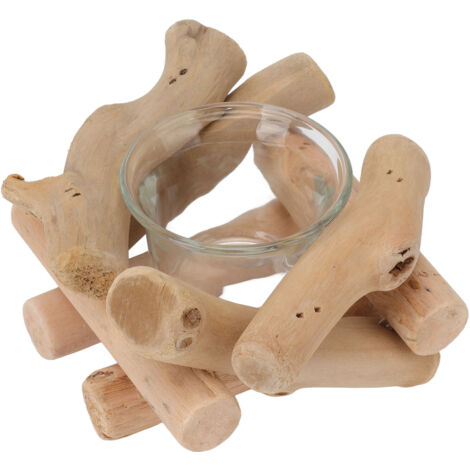 Porte-bougie en verre et bois flotté vintage, décoration rustique pour intérieur et accessoire déco photo.