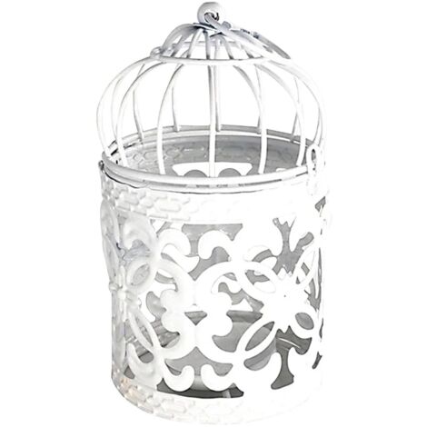 Porte-bougie suspendu ajouré en forme de petite cage à oiseaux, style vintage, en métal blanc. Peut être suspendu ou posé sur une table. Accessoire de fête.
