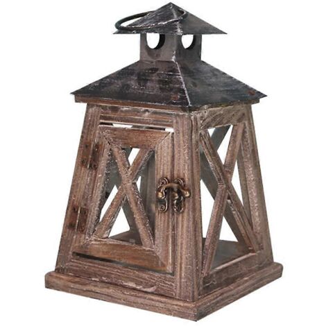 Porte-bougie suspendu de style nordique, lanterne décorative vintage en bois et fer vieilli, idéale pour un centre de table rustique lors d'un mariage.