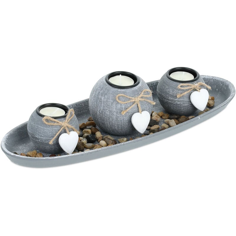 Relaxdays Porte-bougies avec plateau, 38 cm, boucles & cœurs, décoration de table, salon, chambre, bougeoir, gris/blanc