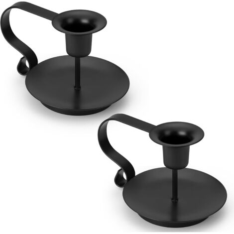Porte-bougies effilés métal noir lot de 2, chandelier vintage à manche pour bougies longues, décoration de table ferme rustique et fêtes Halloween Noël