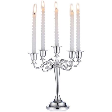 Porte-bougies en forme de candélabre argenté. Porte-bougies à 5 branches. Hauteur : 27 cm. Convient aux bougies coniques pour les centres de table, les fêtes d’anniversaire, les mariages, les tables à