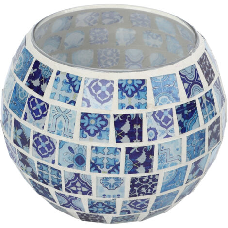 Porte-bougies en mosaïque de verre bleu et blanc, motifs floraux artisanaux pour bougies chauffe-plat - ambiance romantique et chaleureuse