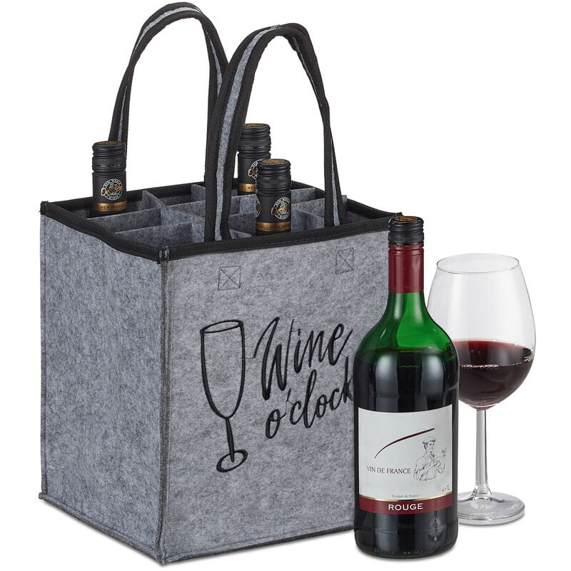 Porte-bouteilles, 9 compartiments, sac avec inscription, HxLxP : env. 45 x 24 x 24 cm, pour vin, bière, gris - Relaxdays