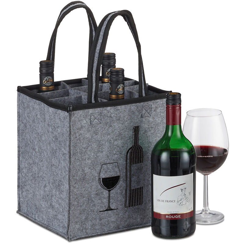 Porte-bouteilles, 9 compartiments, sac avec motifs, HxLxP : env. 45 x 24 x 24 cm, pour vin, bière, gris - Relaxdays