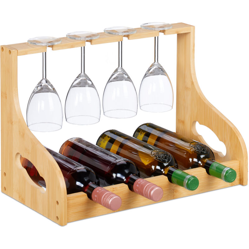 Casier à vin, Porte-bouteilles avec porte-verres, 4 bouteilles & verres, bambou, hlp: 30x44,5x23,5 cm, naturel - Relaxdays