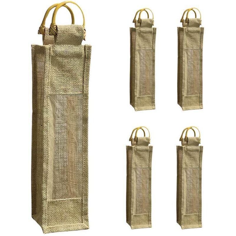 Okaffarefatto - Porte-bouteilles en toile de jute avec poignées en bois x 5