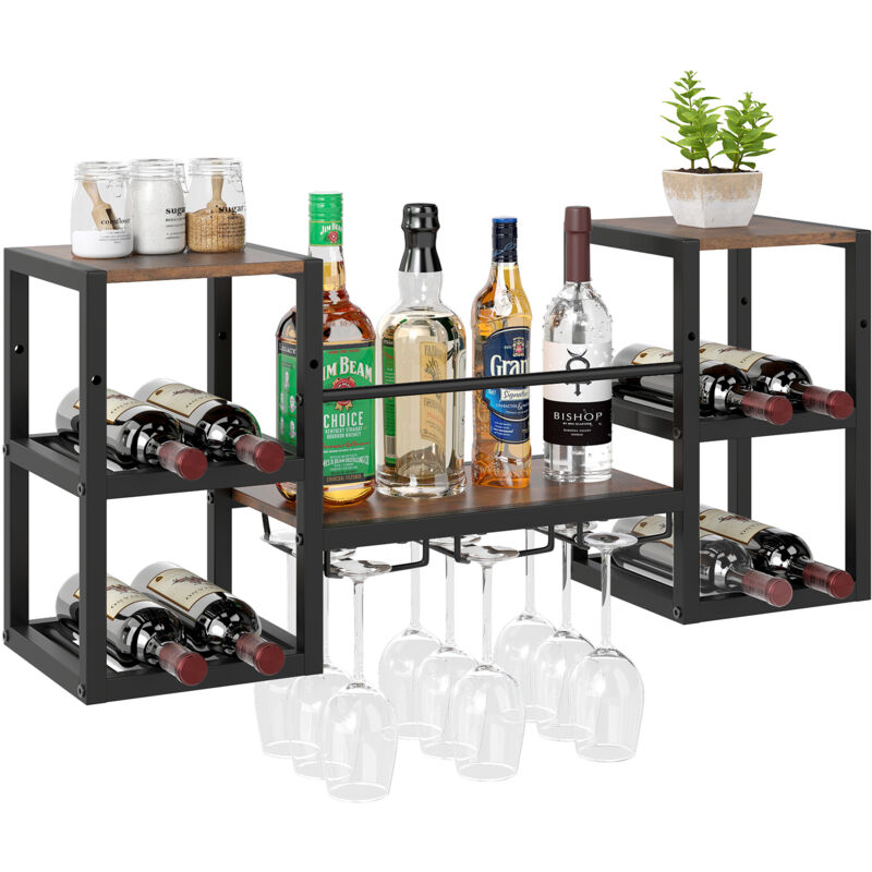 Porte-Bouteilles Mural avec Porte-Verres, Cadre Métallique pour 8 Bouteilles avec Étagère Ouverte, Range-Vin, Présentoir 3 Niveaux, 89x25x40cm, Marron Porte-Bouteilles Mural avec Porte-Verres, Cadre Métallique pour 8 Bouteilles avec Étagère Ouverte, Range-Vin, Présentoir 3 Niveaux, 89x25x40cm, Marron