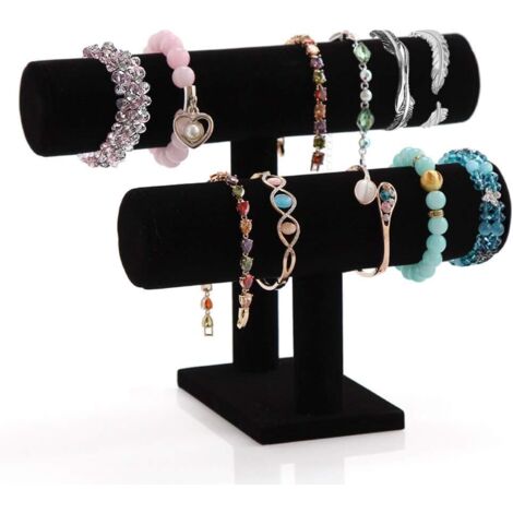 Porte-bracelet, 2 niveaux T Bar uni noir velours soutien-gorge et collier présentoir tour de bijoux