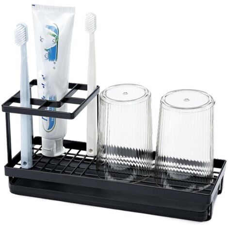 Porte-brosse à dents de salle de bain avec 2 verres de rinçage, 4 fentes en métal pour brosse à dents électrique, organisateurs de brosses à dents et rangement pour plan de travail familial (noir)