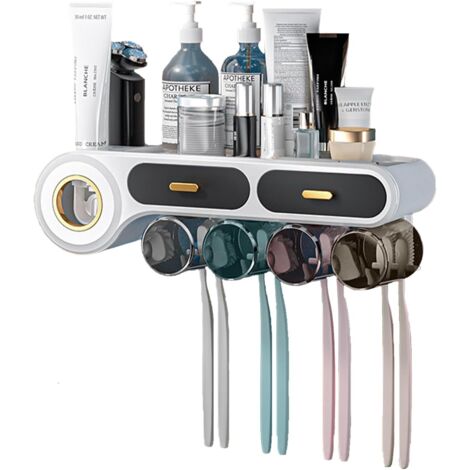 Porte-brosse à Dents Électrique mural,Distributeur Dentifrice + Gobelets + tiroir,ABS,Sans Perçage