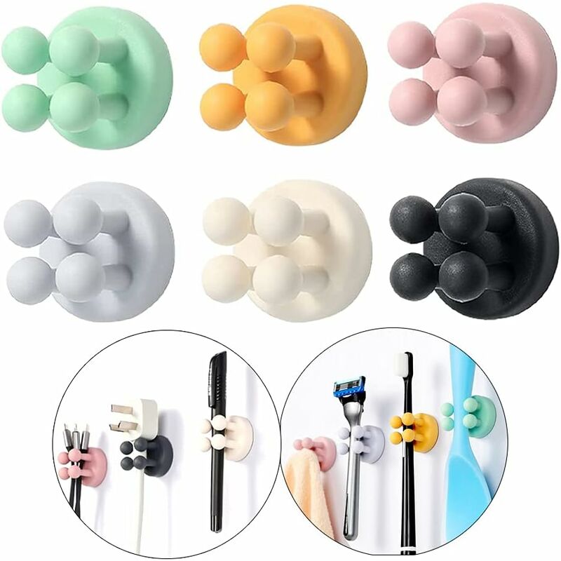Harry - Porte-brosse à dents en silicone - 6 crochets de rasoir adhésifs fixés au mur pour accrocher le câble de prise de clé de serviette, crochet