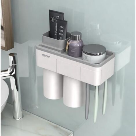 Porte-Brosse à Dents, Ensemble Support De Brosse à Dents Mural avec Deux Tasses Multifonction Magnétique pour Salle de Bain Gris