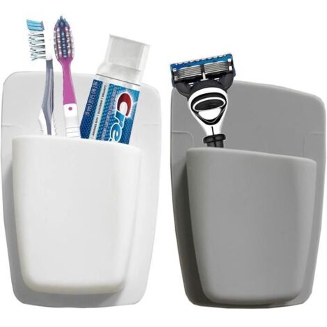 Porte-Brosse à Dents ,Mighty Dentifrice Rasoir,Organisateur de Salle de Bain Petit Article de Toilette Mural (2Pcs, Blanc + Gris)