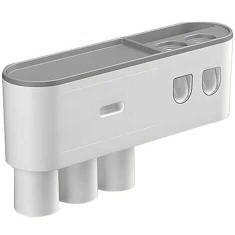 Porte-brosse à dents mural avec deux distributeurs automatiques de dentifrice, avec 2-3 tasses (gris, 2 distributeurs de dentifrice, 3 tasses)