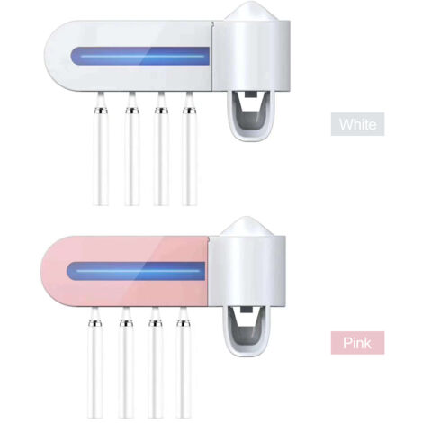 Porte-brosse à dents mural avec stérilisateur UV et distributeur de dentifrice automatique, 4 emplacements, recharge USB, blanc ou rose, sans perçage