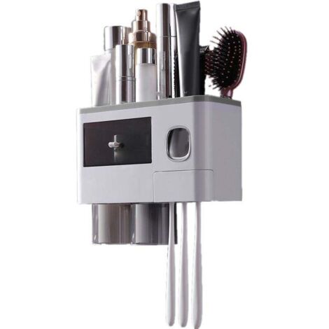 Porte-brosse à dents mural multifonction à fixation magnétique avec tiroir et distributeur de dentifrice à 2 compartiments, gris translucide (24,4 x 11,3 x 20 cm / 9,6 x 4,4 x 7,9 po)