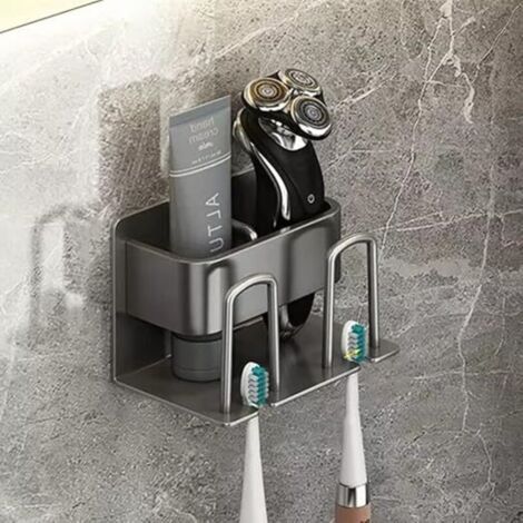 Porte Brosse à Dents Mural sans Perçage, Support de Brosse à Dents électrique, Porte Brosse à Dents Adhésif avec 2 Tasses Support + 2 Fentes Têtes de Brosses à Dents Étagère