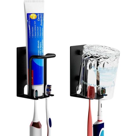 Porte-Brosse à Dents, Porte Brosse à Dents Mural pour Salle de Bain Organisateur Stockage têtes de Brosse à Dents électriques Auto-adhésif Dentifrice brosses à Dents Gobelet Rangement-noir 2 pcs